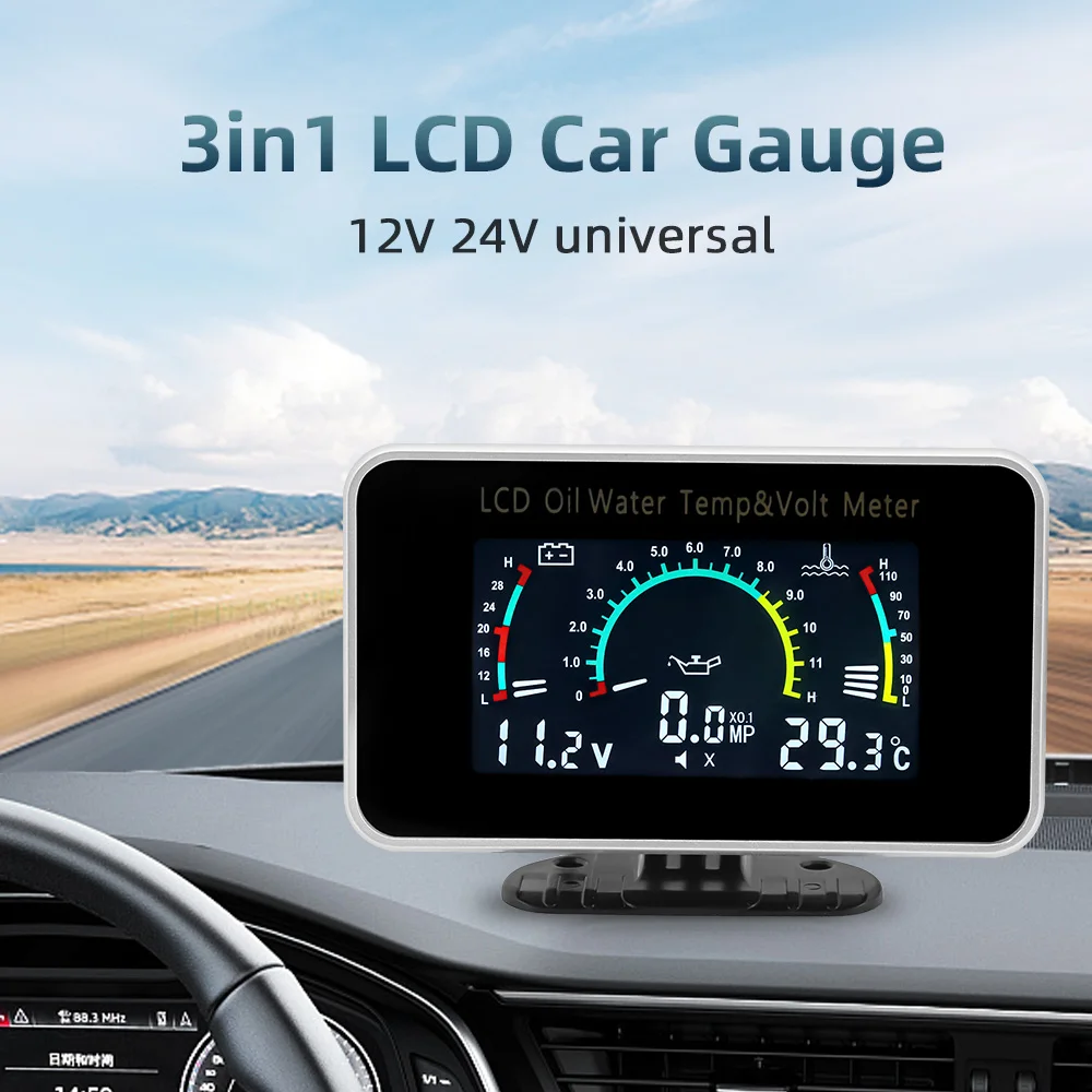 Universal 3 in 1 Auto LCD Digital Wassertemperaturanzeige Voltmeter Öldruckmesser mit 1/8NPT Sensor für Auto LKW 12/24V Image