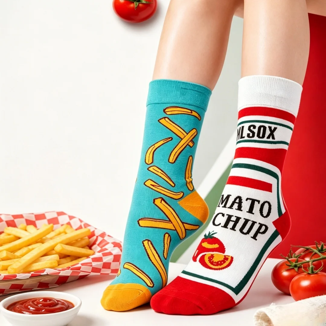 1 Paar Unisex lustige ab Stil Tomaten Ketchup Pommes Frites bedruckte Mid-Calf Socken Anzug in allen Jahreszeiten Image