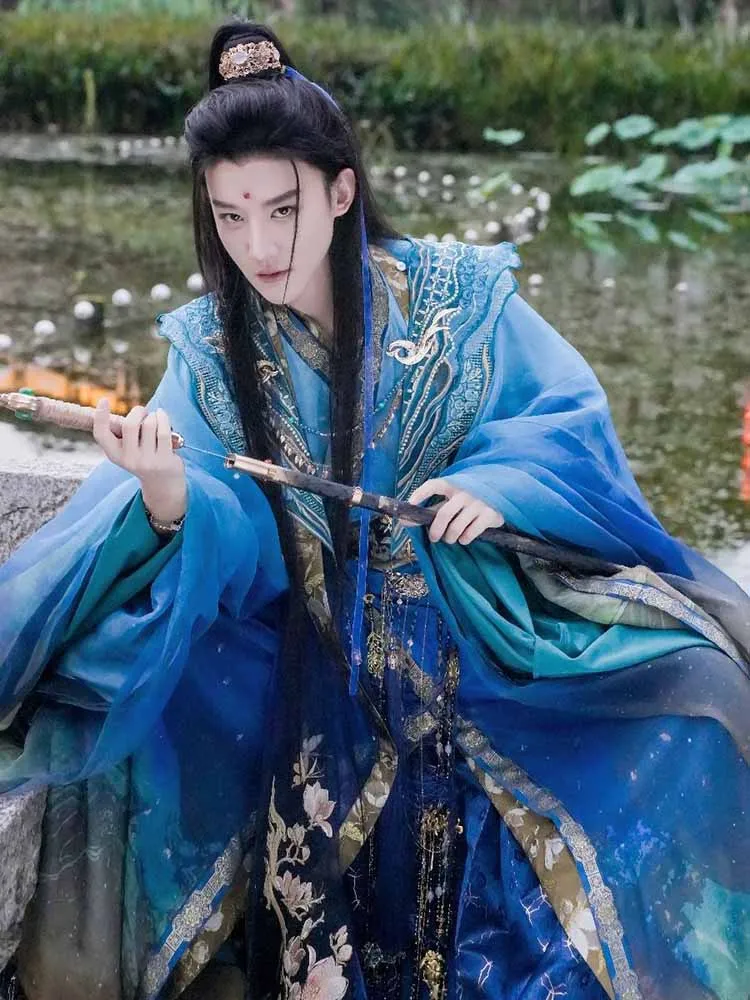 Luxus chinesische Hanfu Männer alte traditionelle Hanfu Farbverlauf blaue Frauen Cosplay Kostüm Thema Party Hanfu Tang Anzug Fotografie Image