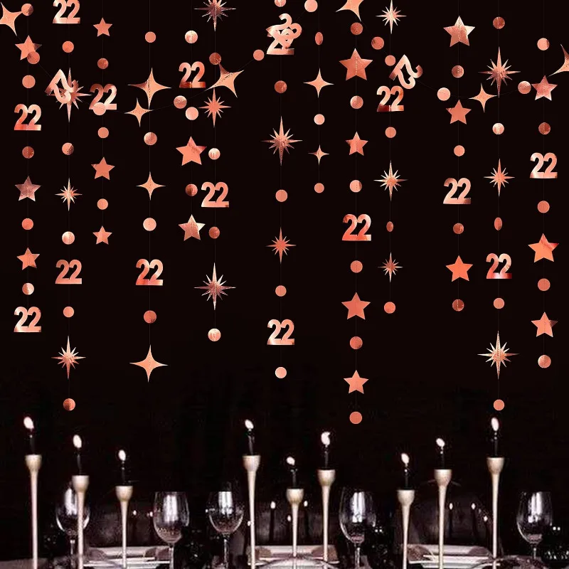 Roségold 22. Geburtstag Banner Dekorationen Nummer 22 Kreis Punkt funkeln Stern Girlanden hängen Hintergrund für 22. Geburtstags feier Image