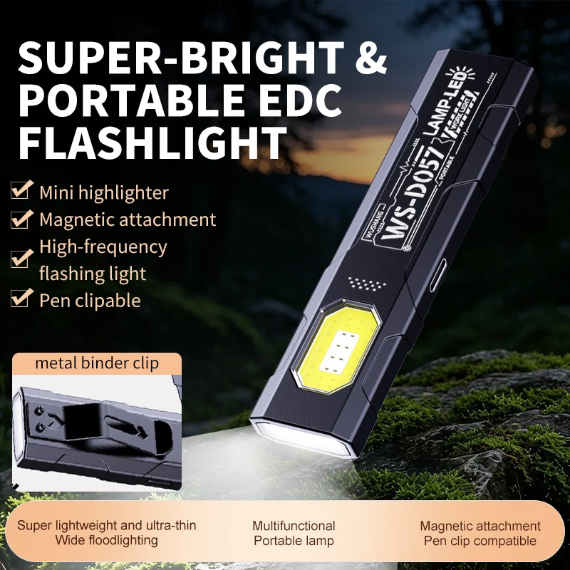 Tragbare COB-Arbeitslampe mit Clip, Typ-C wiederaufladbare Notfall-Taschenlampe, 5 Beleuchtungsmodi, Handtaschenlampe für Camping