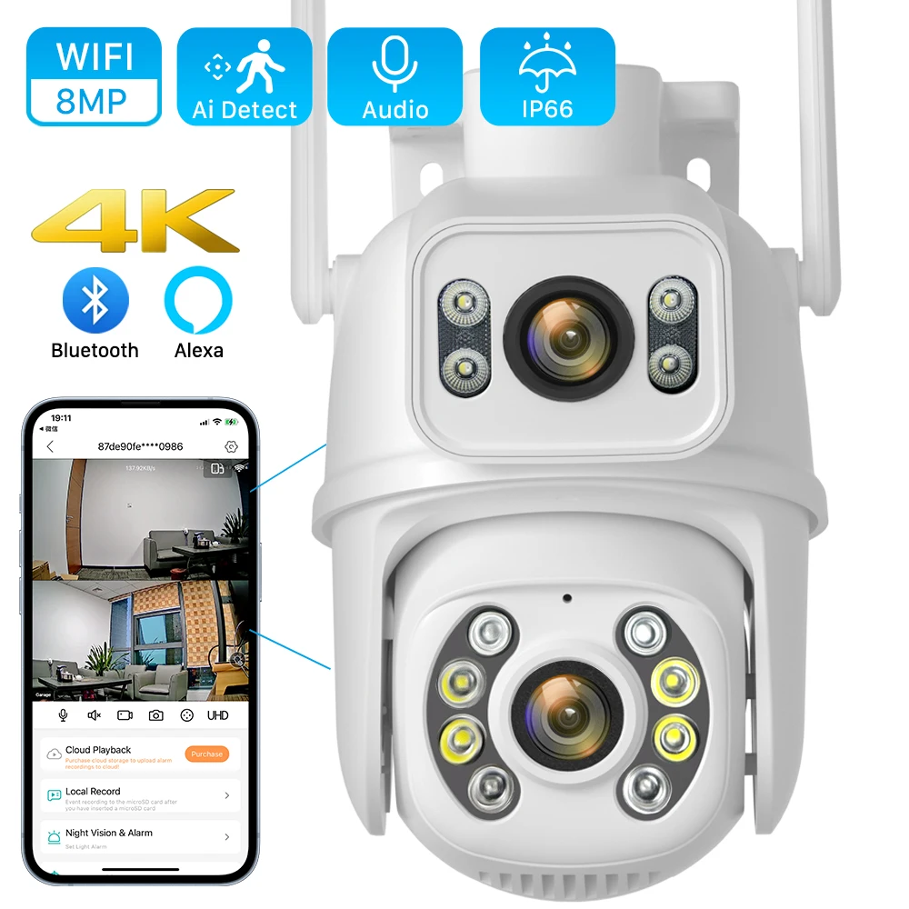 ANBIUX 4K 8MP WiFi-Überwachungskamera, Dual-Objektiv, 4-facher Digitalzoom, KI-Menschenerkennung, ONVIF, PTZ-IP-Sicherheitskameras für den Außenbereich Image