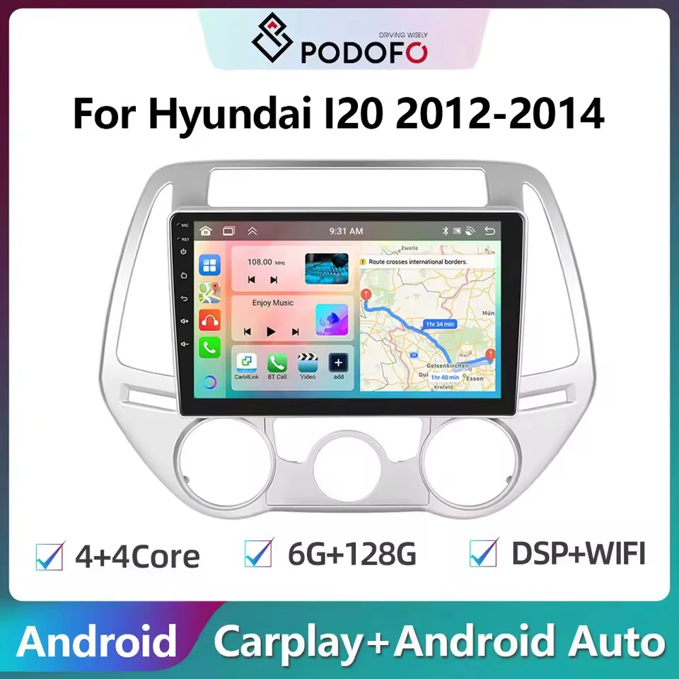Podofo 2din Android Auto Radio Für Hyundai I20 2012-2014 6G + 128G Carplay Stereo Player autoradio WIFI GPS Navigation FM/RDS Image