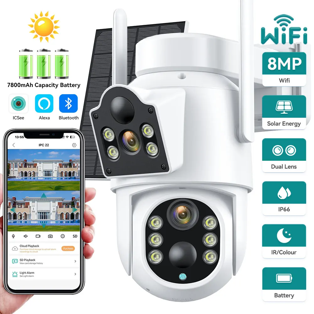 4k 8mp Dual Lens Solar Ptz Wifi Kamera 780mah eingebaute Batterie Pir Erkennung drahtlose Überwachungs kamera Outdoor-Iksee Image