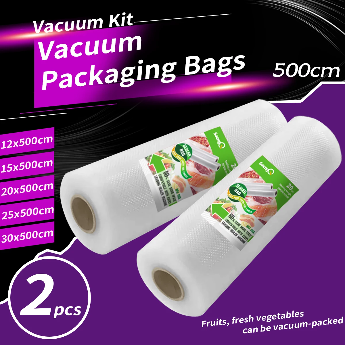 2 Rollen 500 cm lange, strukturierte Rollbeutel, Vakuumkompressionsbeutel, Rollbeutel für Lebensmittelvakuumverpackungen, 2 Packungen Image