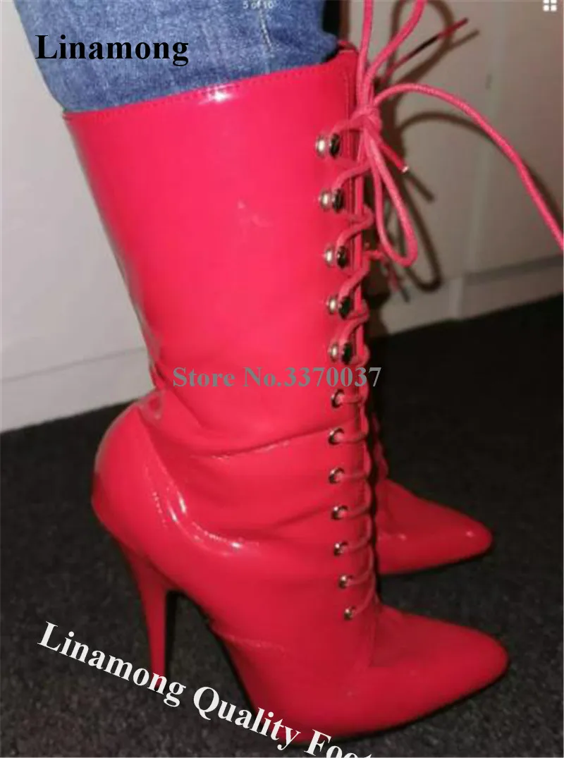 Linamong Glänzende Patent Leder Stiletto Ferse Mid-cald Stiefel Lace-up Rose Rosa Spitz Kurze Hohe Ferse stiefel Club Schuhe