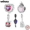 WOSTU 925 Sterling Silber Vintage Schloss Perlen Magischer Spiegel Anhänger Roter Kristall Herz Perlen Fit Original Armband DIY Punk Geschenk