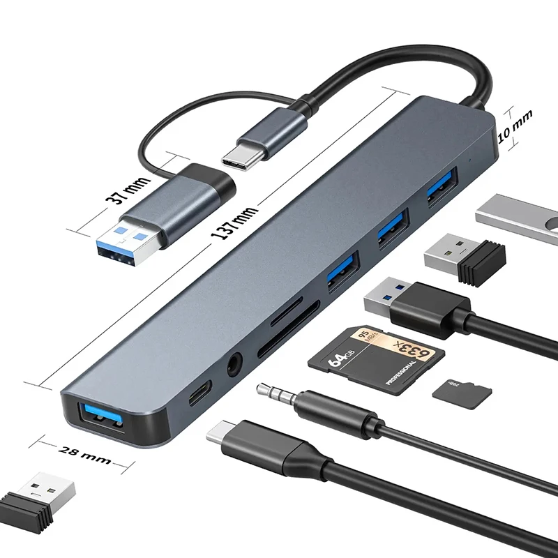 USB C Hub USB Splitter 8 in 1 USB Extender mit 4 USB Port 1 USB Port TF/SD Kartenleser Audio Ausgang kompatibel für MacBook Image