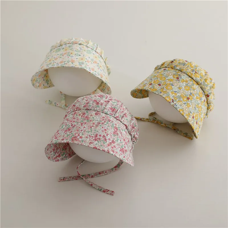 Sommer dünne Jungen Mädchen Kinder Blumen druck große Traufe weiche Kappen Mode Baumwolle Sonnenschutz Hut Säugling lässige Kappen Kind Blumen hüte Image