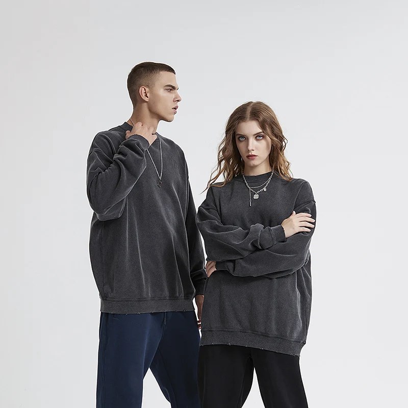 Gewaschener Pullover mit Rundhalsausschnitt, lässig, 100 % Baumwolle, einfarbig, für Herren und Damen, Hip-Hop-Vintage-Sweatshirt