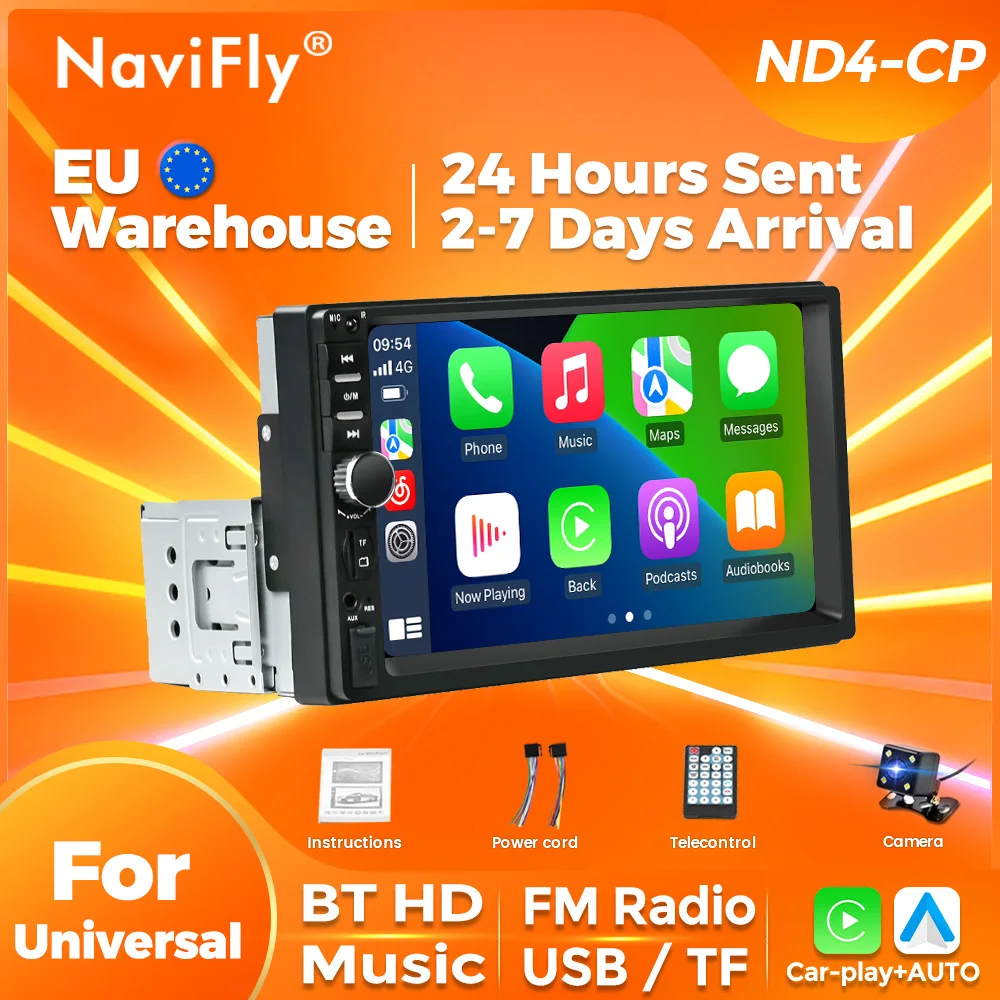 Navifly ND4-CP auto multimedia player universal alle autos unterstützen kabel gebundene android auto carplay tf sd bt swc aux sub fm radio kamera Image