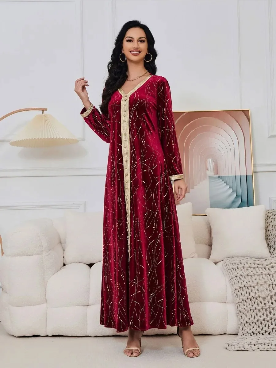Winter Samt muslimischen Kleid Frauen Abaya Knopf V-Ausschnitt Marokko Party kleid verdicken Abayas Kaftan Islam Truthahn arabische lange Robe 2024 Image