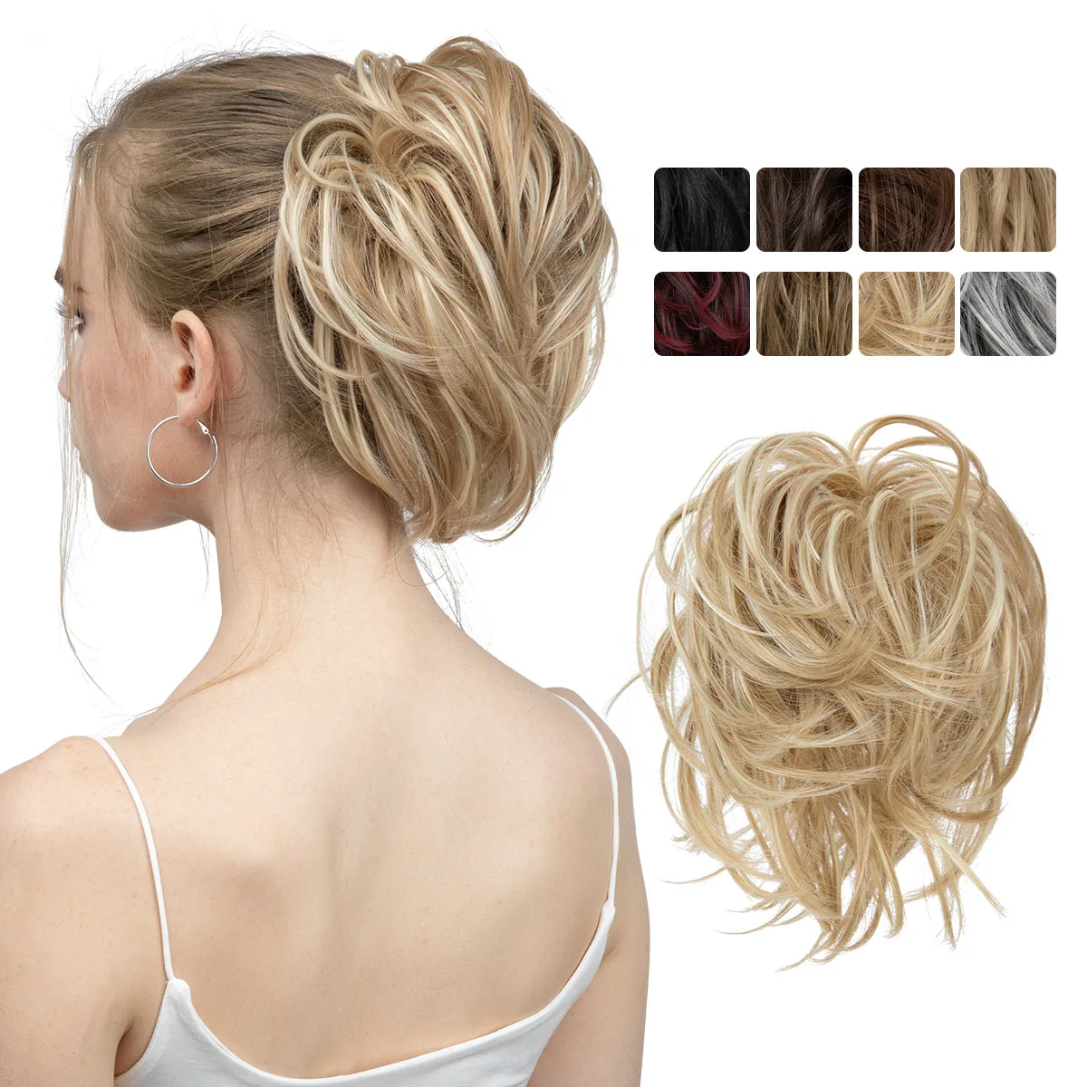 Einteilige große sofortige synthetische Hochsteckfrisur-Haarteile, unordentlicher, elastischer Dutt, Chignon, schöner brauner Srunchie, müheloser kurzer Pferdeschwanz Image