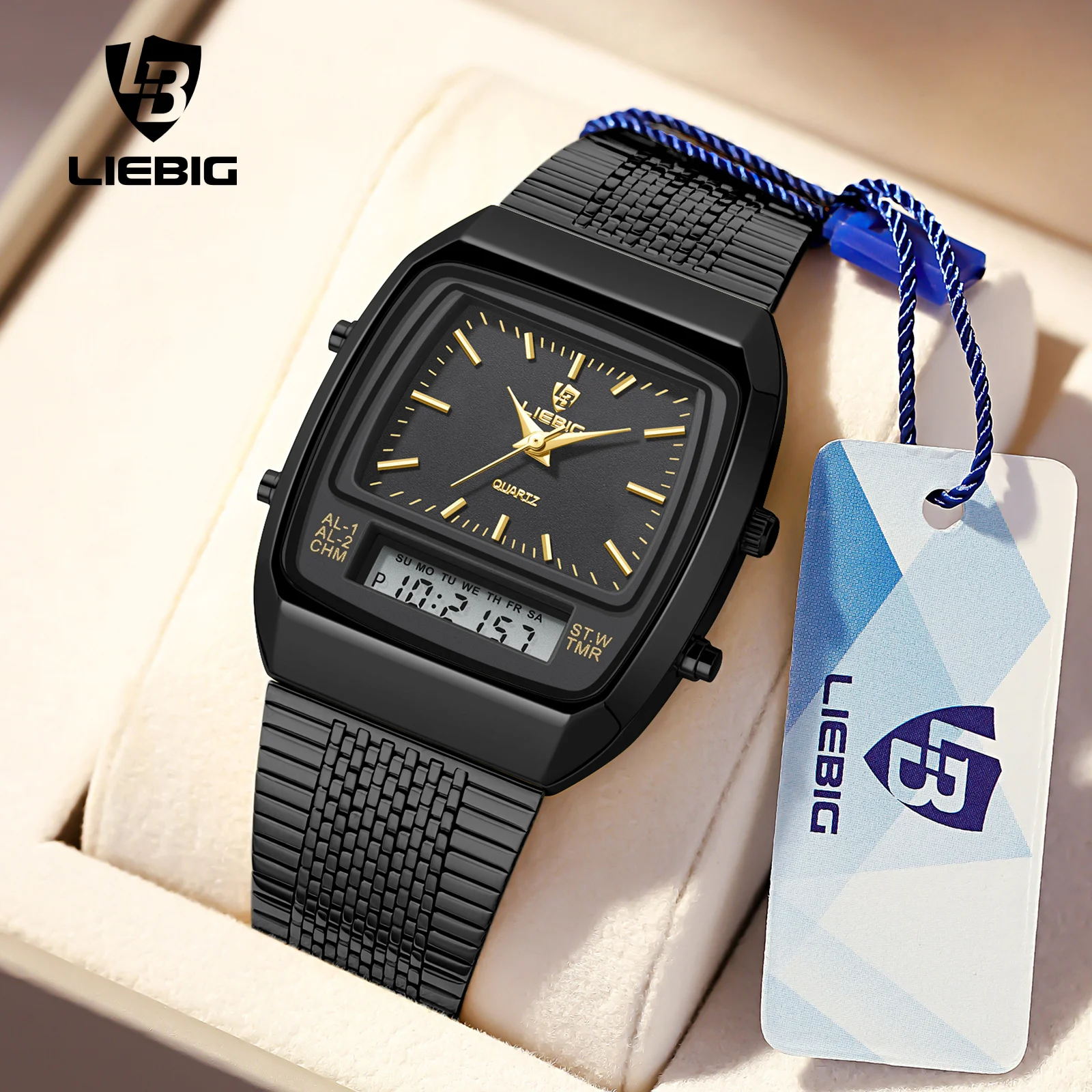 LIEBIG Jugend Coole Analog Digital Display Quarz Armbanduhren Für Männer Luxus Edelstahl Wasserdicht Woche Sport Uhr Alarm Image