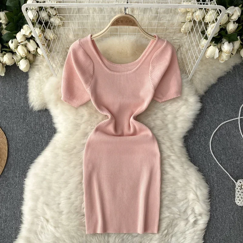 Grün 2026 Sexy Sommer Stricken Kurzarm Kleid Frauen Quadrat Kragen Taille Bodycon Sommerkleid Weibliche Strand Kurze Mini Kleid