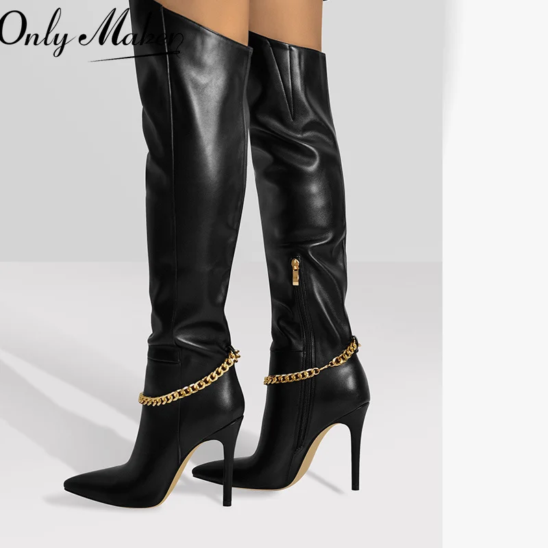 Only maker Frau über dem Knie Stiefel spitzen Zehen dünne High Heels mattschwarze Metall kette Reiß verschluss große Stiefel Schuhe
