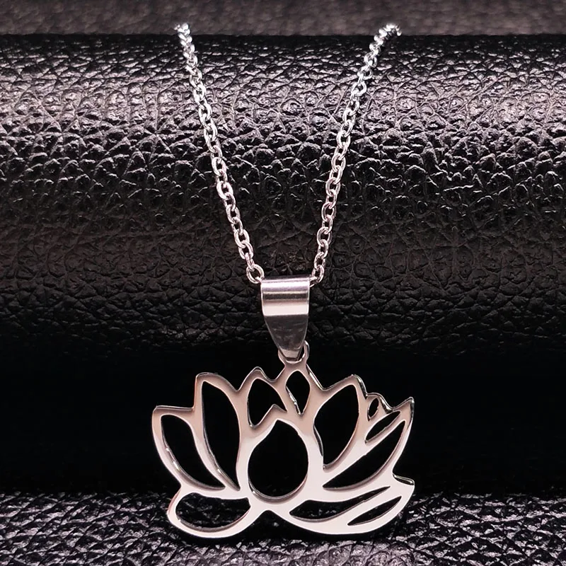 Edelstahl Yoga Lotus Halskette für Frauen Silber Farbe Halsreif Blume Anhänger Halsketten Schmuck Colg antes Mujer Moda 1261-qkc