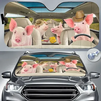 Lustige Schwein Familie fahren auf Sommer Bauernhof Tier liebhaber Auto Sonnenschutz Windschutz Image