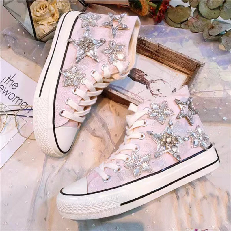 Damen Canvas Sneakers High-Top Frühling Vulkanisierte Schuhe Flache Handgefertigte Casual Sneakers Tennis Damen Image