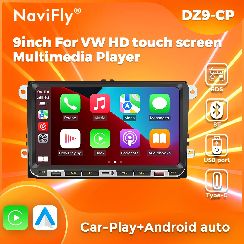 Navifly 9inch multimedia player carplay auto spiegel link autoradio für volkswagen vw unterstützung swc kamera bt 5,1 usb fm typ-c rds Image