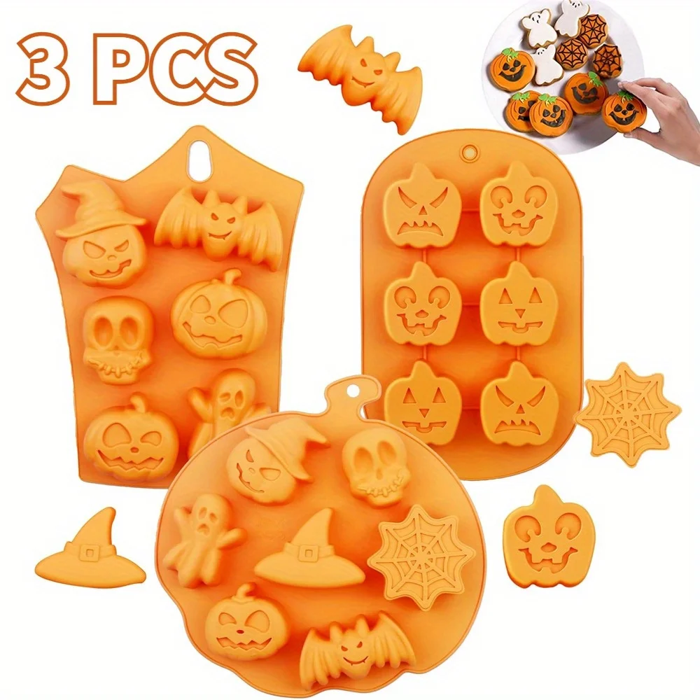 3 Stück Silikon form Halloween Backform beängstigend Kürbis Geist Hut Schädel Hexe für Schokolade Gelee Eiswürfel Kuchen Keks Keks Image