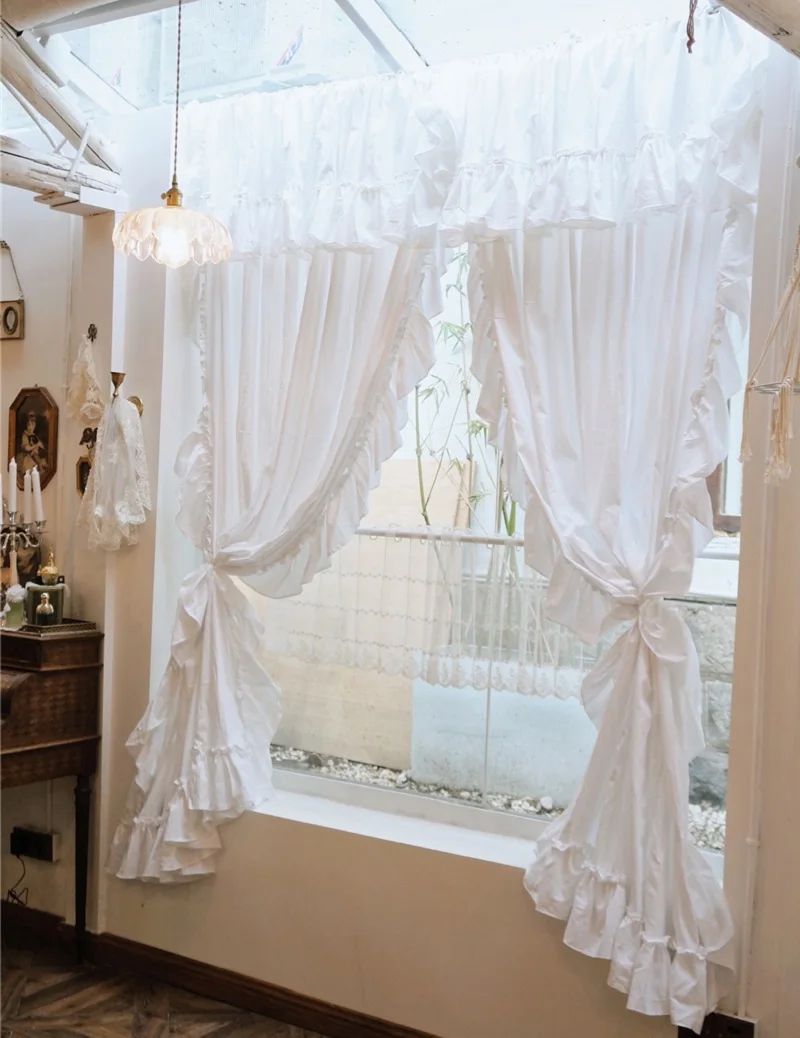 Brandneue Vorhänge aus reiner Baumwolle mit Volant für das Schlafzimmer des Mädchens, handgefertigte Prinzessinnen-Rüschen-C Cortinas, umweltfreundliche weiße Vorhänge Image