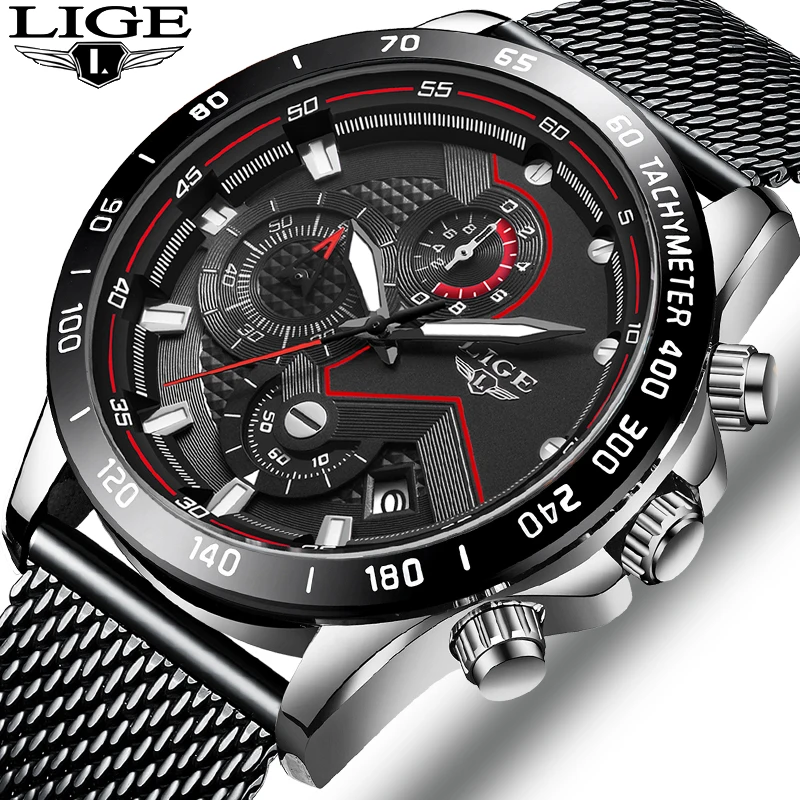 Neue lige männer uhr luxus mode wasserdichte uhren männer chronograph leuchtende datum uhr edelstahl business armbanduhr box Image