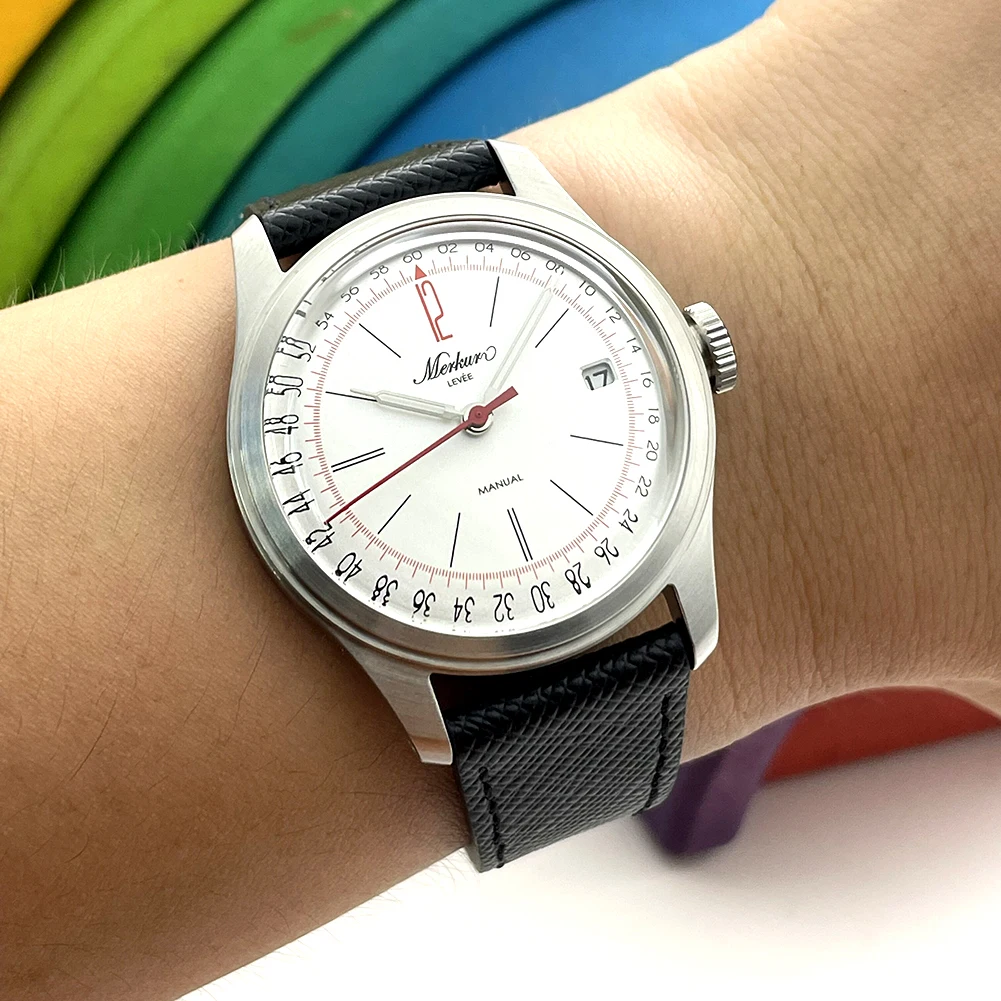 Neue Merkur Uhr Vintage manuelle mechanische Uhr Herren Haut Taucheruhr Kalender Freizeitkleid Uhren Image