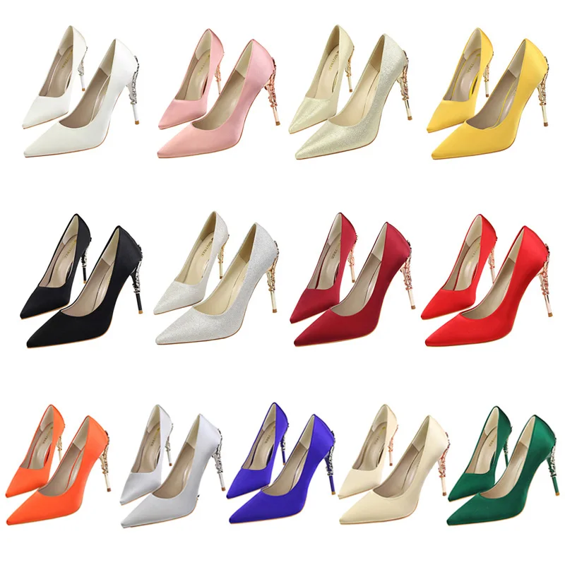 Frauen 10 cm High Heels Metall Skulptur Hochzeit Braut Kleid Seide Pumps Dame Luxus Marke Design Gelb Blau Valentine Party Schuhe
