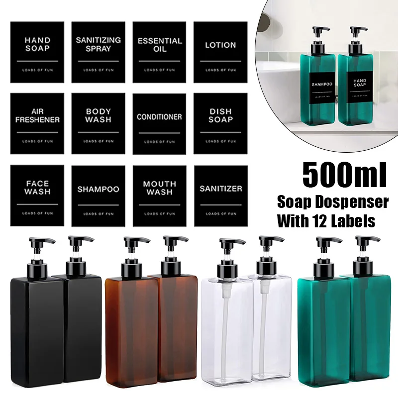 2 x 500 ml Badezimmer-Seifenspender, Flüssigkeits-Aufbewahrungsflasche, Shampoo-Duschgel-Flasche, Presstyp, nachfüllbare leere Flasche mit Etiketten Image