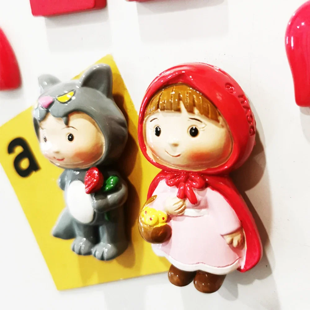 Niedliche Cartoon Märchen kleine rote Reit haube und große böse Wolf 3d Harz Kühlschrank Aufkleber für Haupt dekorationen Image