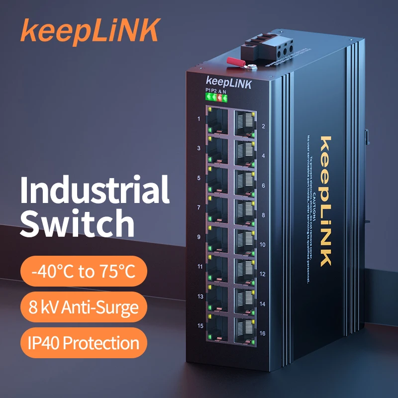 Keeplink Industrial 16-Port Megabit Din-Rail Ethernet Switch Image