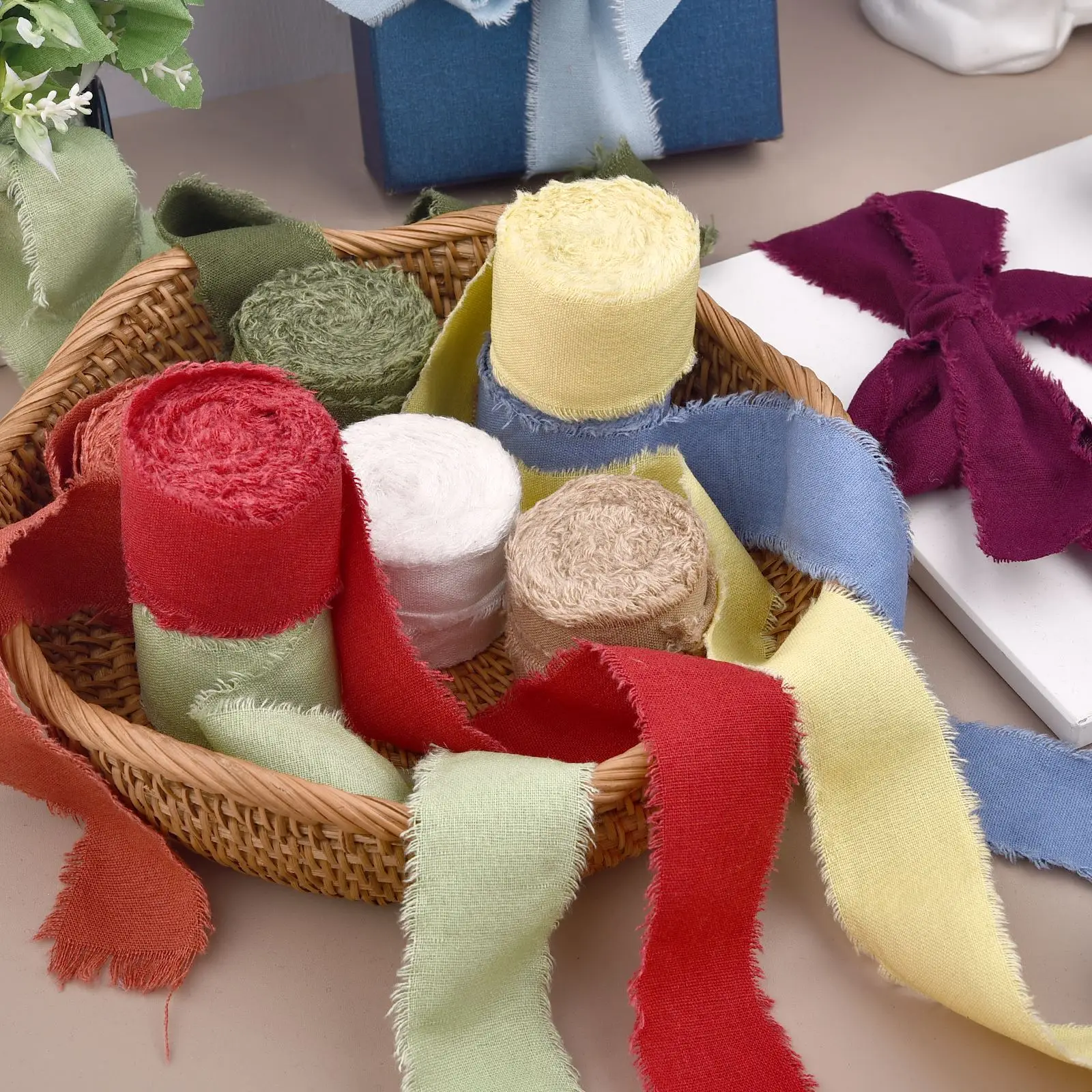 4cm * 5m hand zerrissenes Baumwoll-Leinen band mit ausgefranstem Rand für Hochzeits einladung sträuße, die Weihnachts geschenke zum Valentinstag verpacken Image