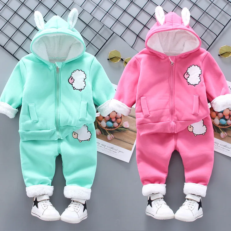 2024 Baby Mädchen Cartoon dickk Wolle Herbst Winter Kapuze Jacke Mantel Hosen Kleidung Set Kinder Kinder warme Anzüge 0-5y Image