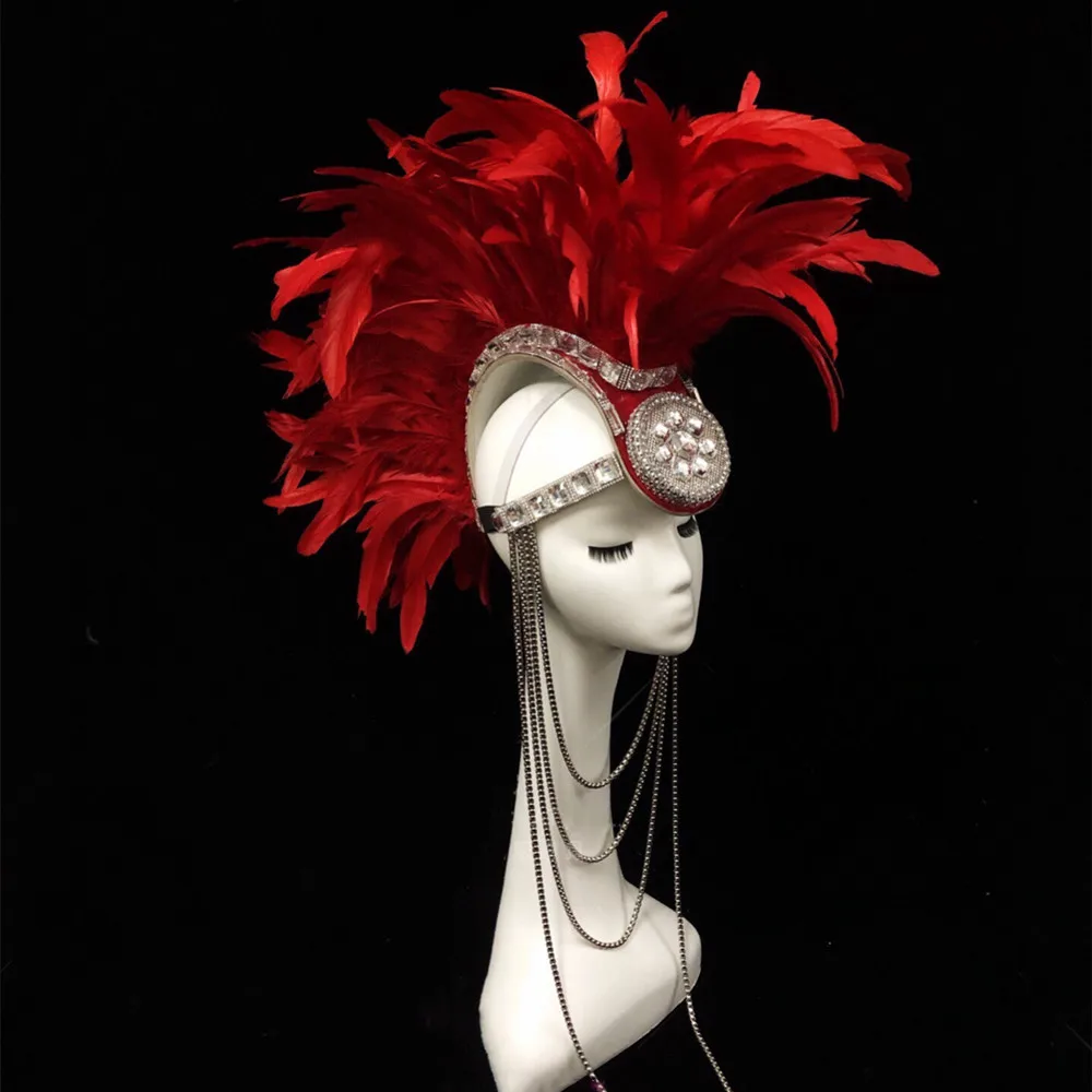 Glänzende Strass Feder Metall Kette Hahnenkamm Kopfschmuck Bühne Leistung Zubehör Männliche Frauen Sänger Team Kopfbedeckung Ornament Image