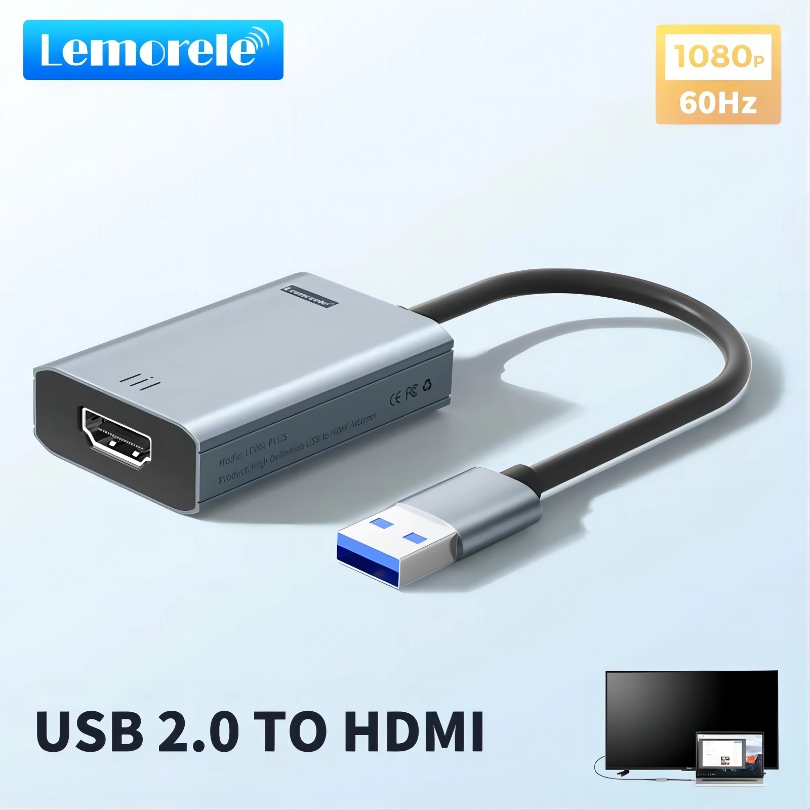 Lemorele USB-zu-HDMI-Adapter, kompatibler Konverter, 1080P, USB-Stecker auf HDMI-Buchse, externes Grafikkarte-Adapterkabel Image