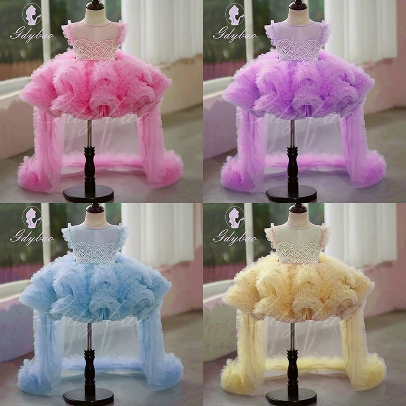 Baby Rosa Tüll Blumenmädchenkleid für Hochzeit Puffärmel mit Perlen Prinzessin Kinder Party Erstkommunion Ballkleid Image