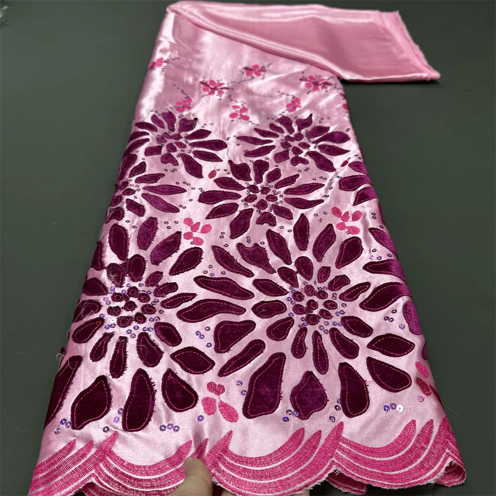 2024 hohe Qualität Nigerian Afrikanischen Stickerei Tüll Baumwolle Party Spitze Stoff Hochzeit Kleid Damast Guipure Pailletten 5 Yard hz1265 Image