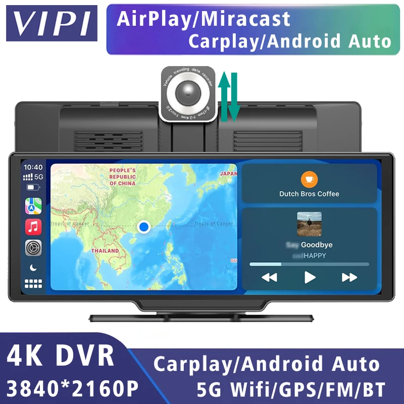 10,26 "Dash Cam 4K 3840*2160P Auto Dvr Carplay Android Auto GPS 5G WIFI Stream rückspiegel Dashcam Kamera Stick Recorder FM Image