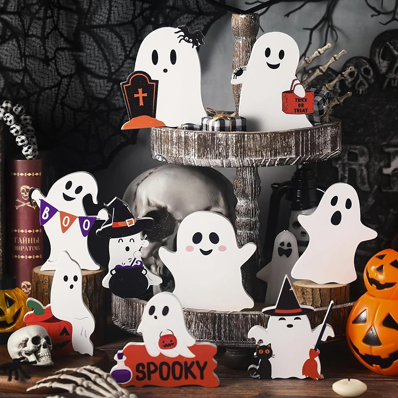 3 stücke niedlichen Geist Halloween Dekoration woode jstand Tablett Dekor weiß Home Regal Display Schreibtisch Büro tisch dekorieren Party Versorgung Image