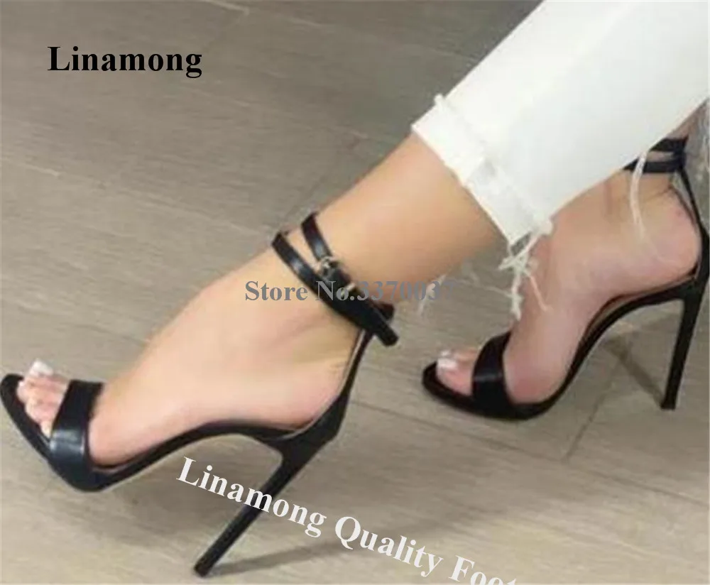 Linamong Klassischen Stil Dünne Ferse Sandalen Offene spitze Schwarz Weiß Matte Leder Ankle Straps Stiletto Ferse Kleid Schuhe Große Größe