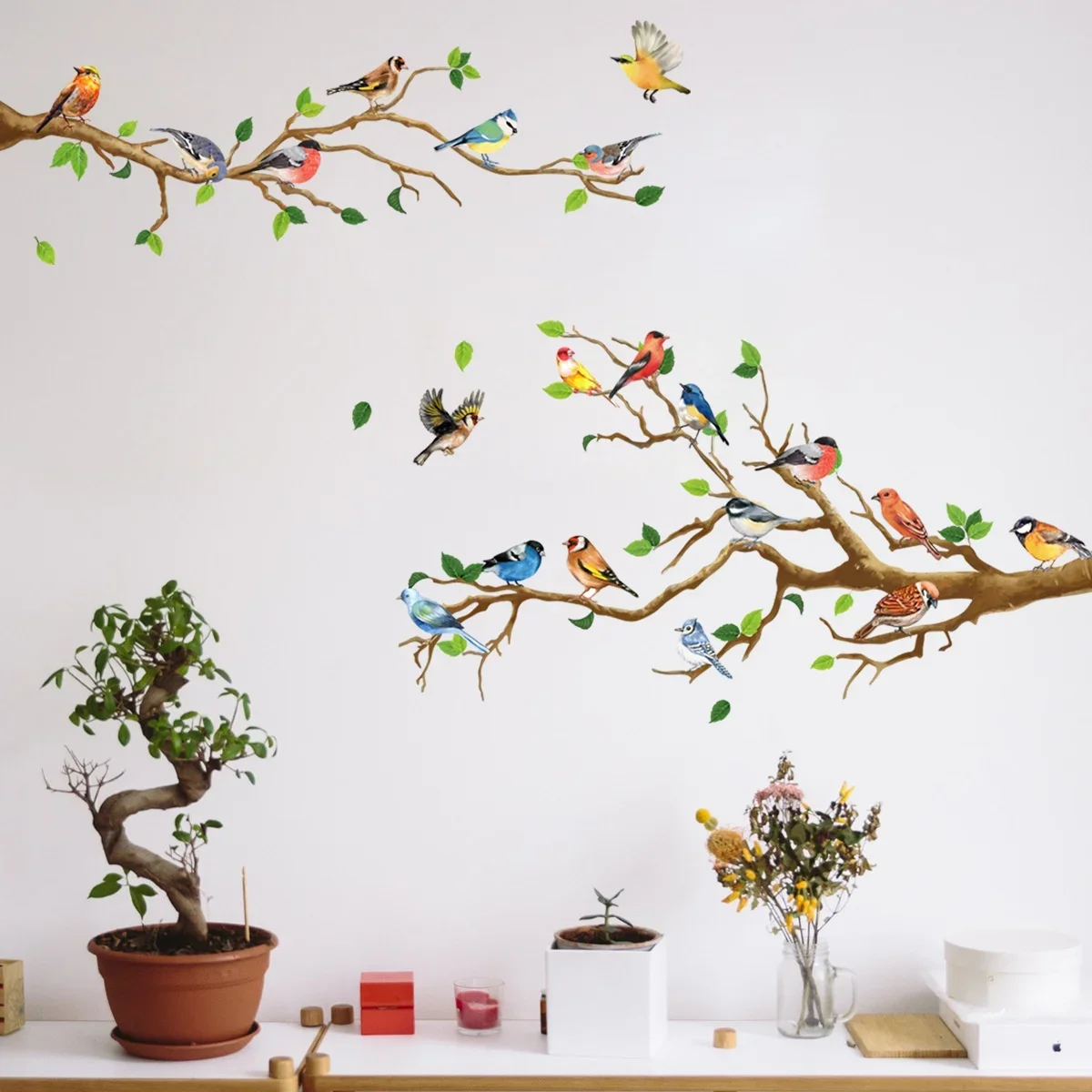 Chinesischen Stil Vintage Vogel Aufkleber Wohnzimmer Sofa Wand Dekor Aufkleber Wand Kunst 3D Baum Zweig Grüne Blätter Aufkleber Image