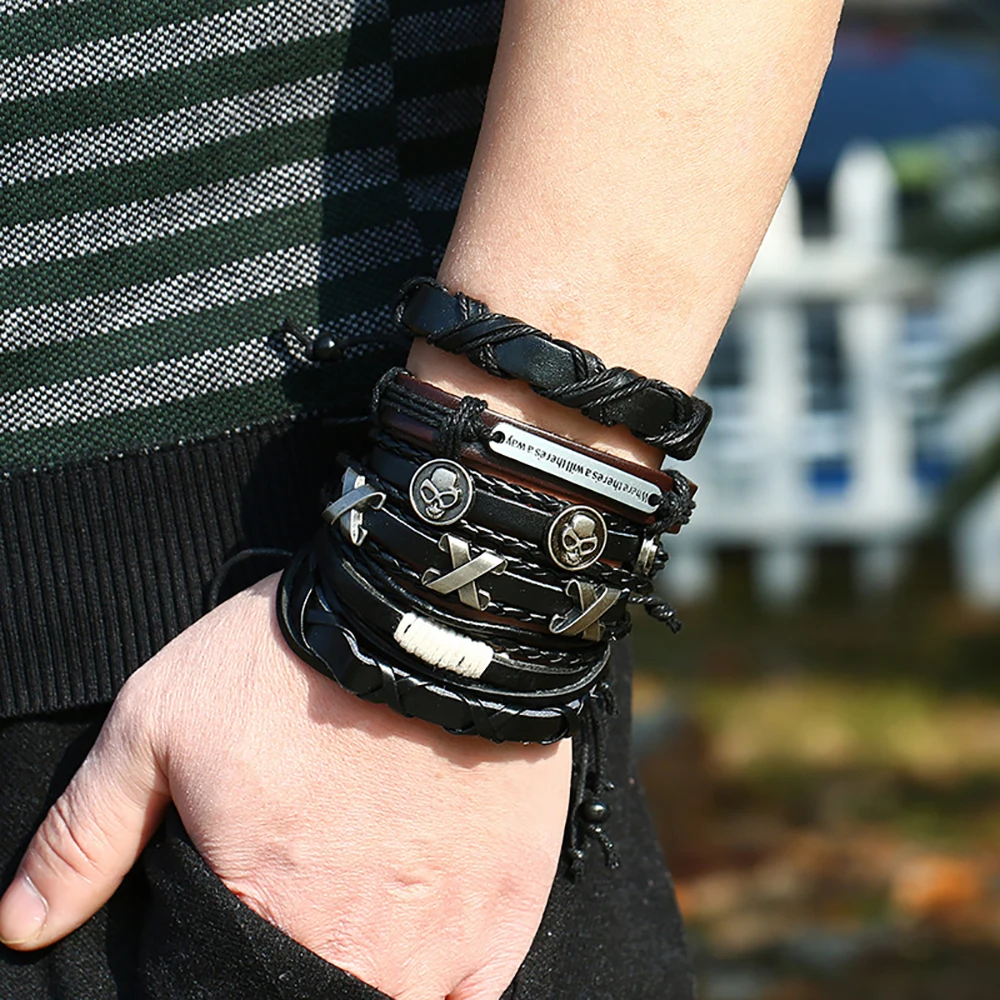 Leder armband für Männer neue Kunst Retro gewebtes Leder armband DIY sechsteiliges mehr schicht iges Leder armband Image