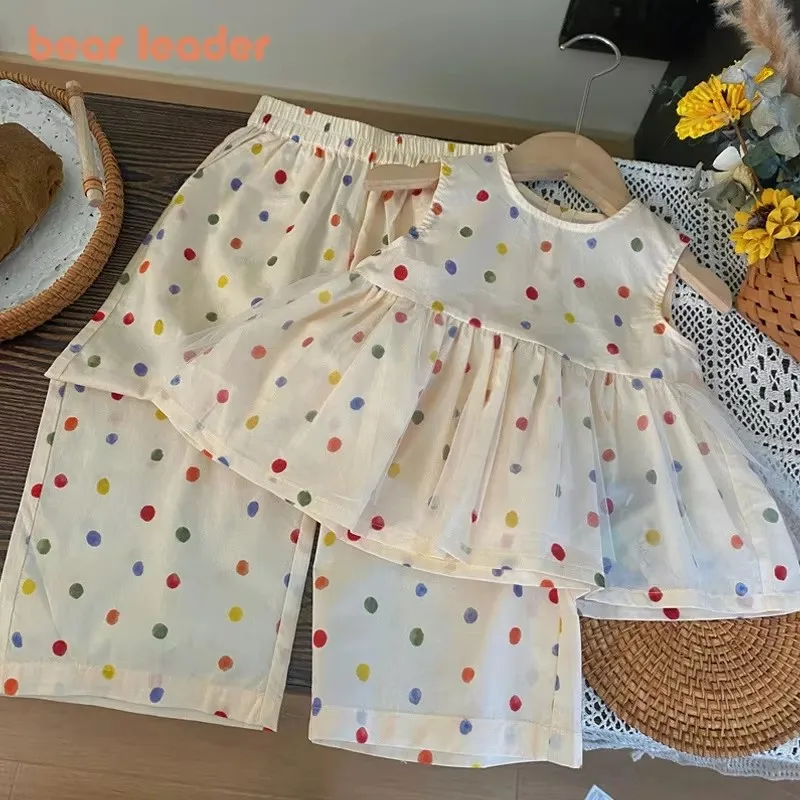 Bear Leader Sommer-Mesh-Kindersets, ärmelloses gepunktetes Oberteil + Hose mit weitem Bein, 2-teilige Anzüge, Mädchenkleidung, lässige Outfits, 3–7 Jahre Image