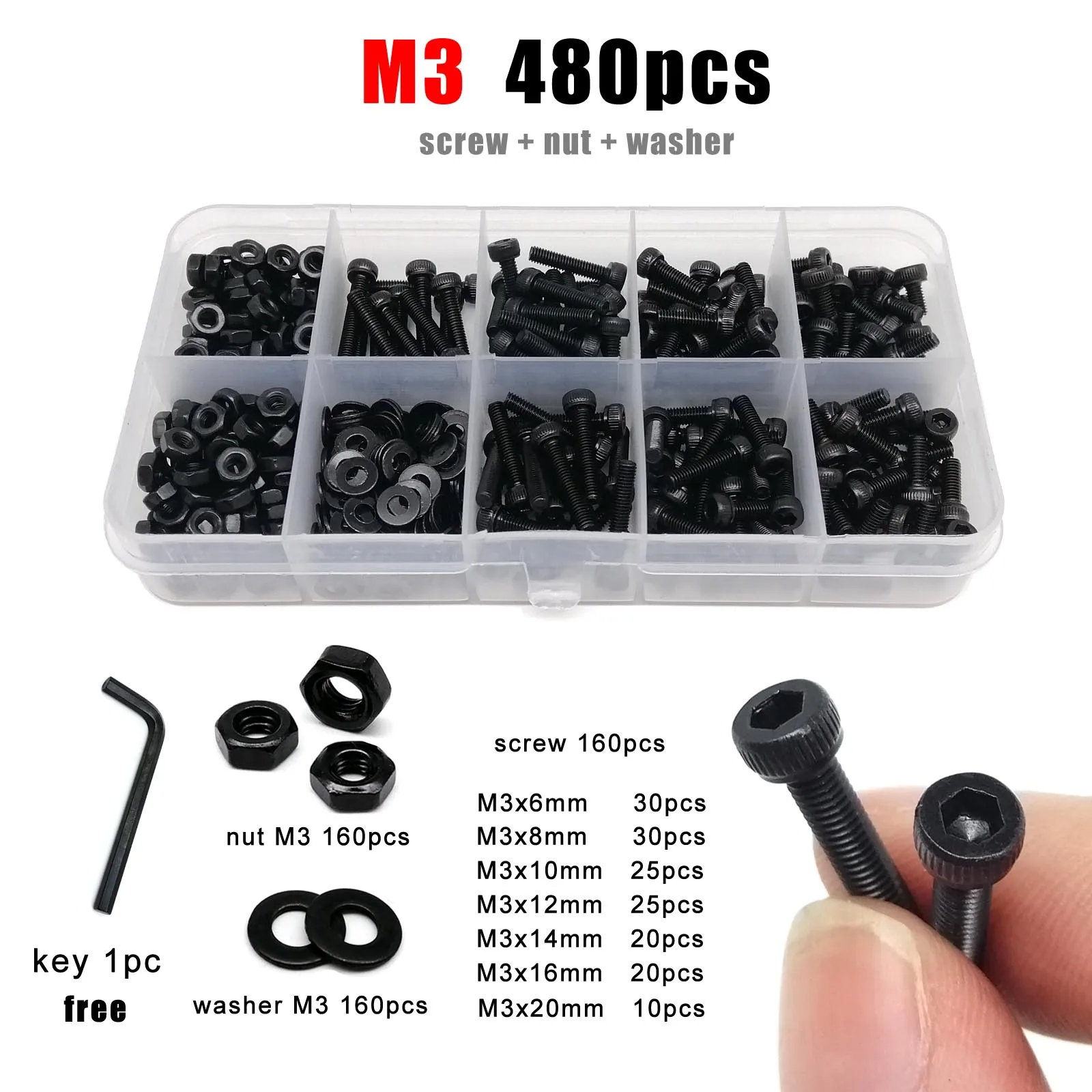 Boxed M2 M2,5 M3 M4 M5 M6 Sechskant Innensechskant Innensechskantschraube Bolzen Mutter Unterlegscheibe Sortiment Kit DIN912 Schwarz Güteklasse 12,9 Stahl Image