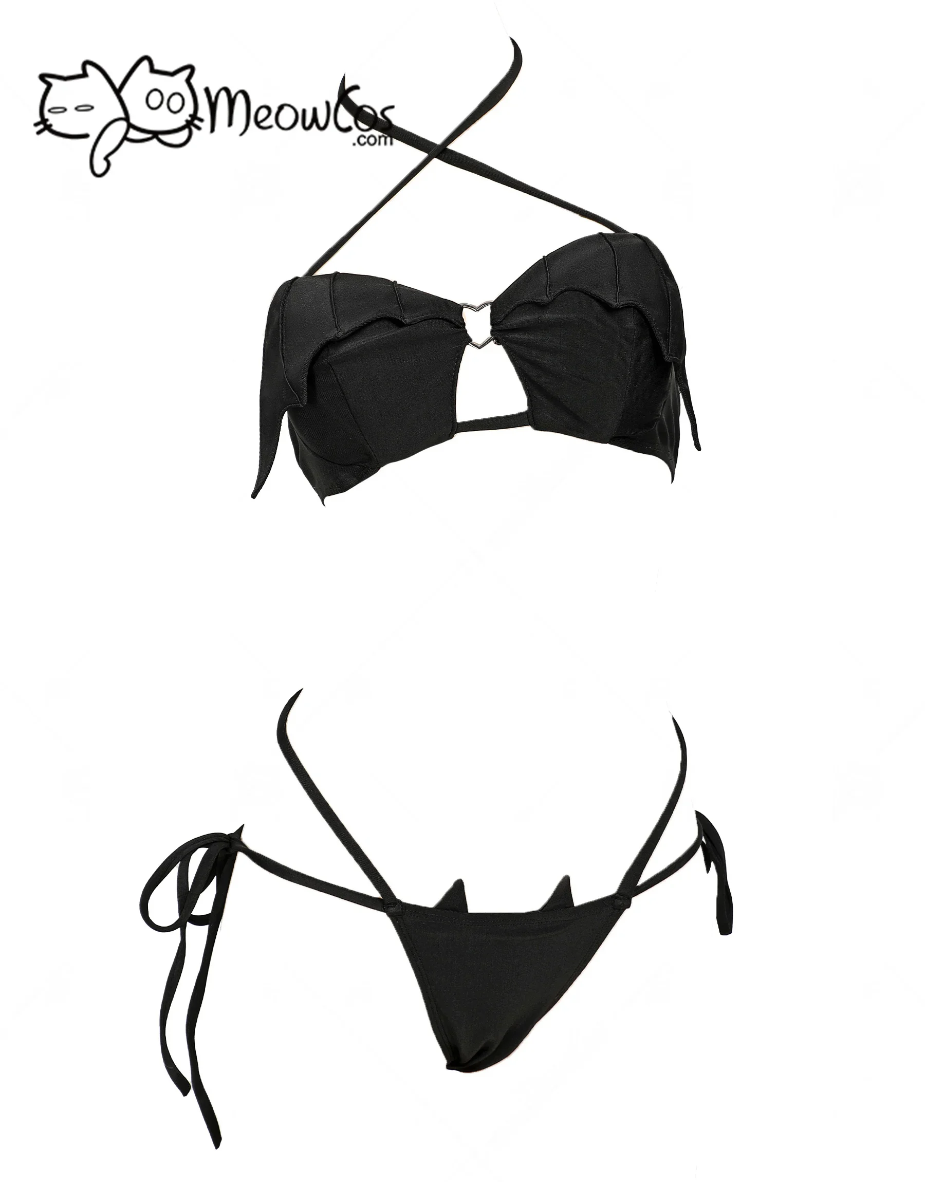 Meowcos Damen-Badeanzug im Gothic-Fledermaus-Stil, schwarz, zweiteilig, Neckholder-Oberteil und Badeanzug mit dreieckiger Unterseite und niedriger Taille Image