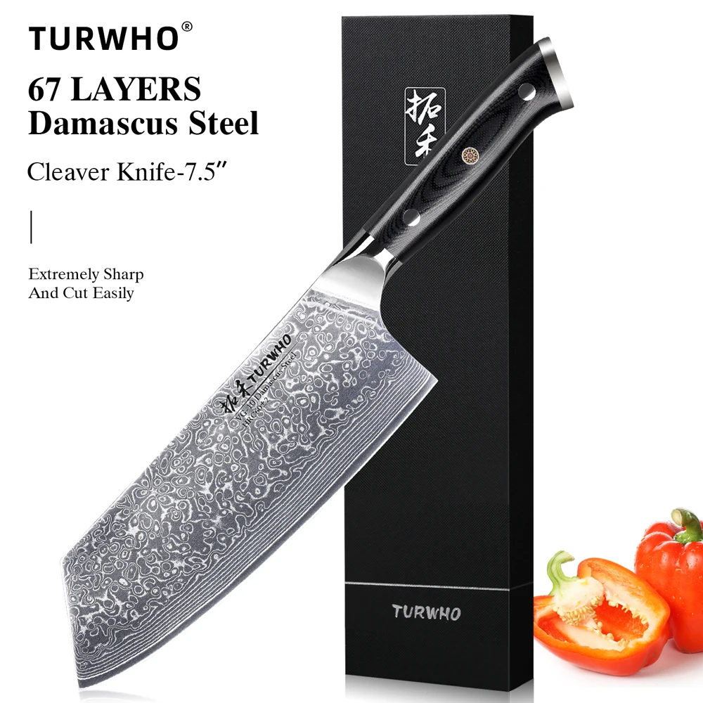 TURWHO 7,5" Hackmesser Damaststahl Professionelles Küchenmesser Scharfer Zerkleinerer Fleisch Fisch Schneiden Chinesisches Gemüse Kochmesser