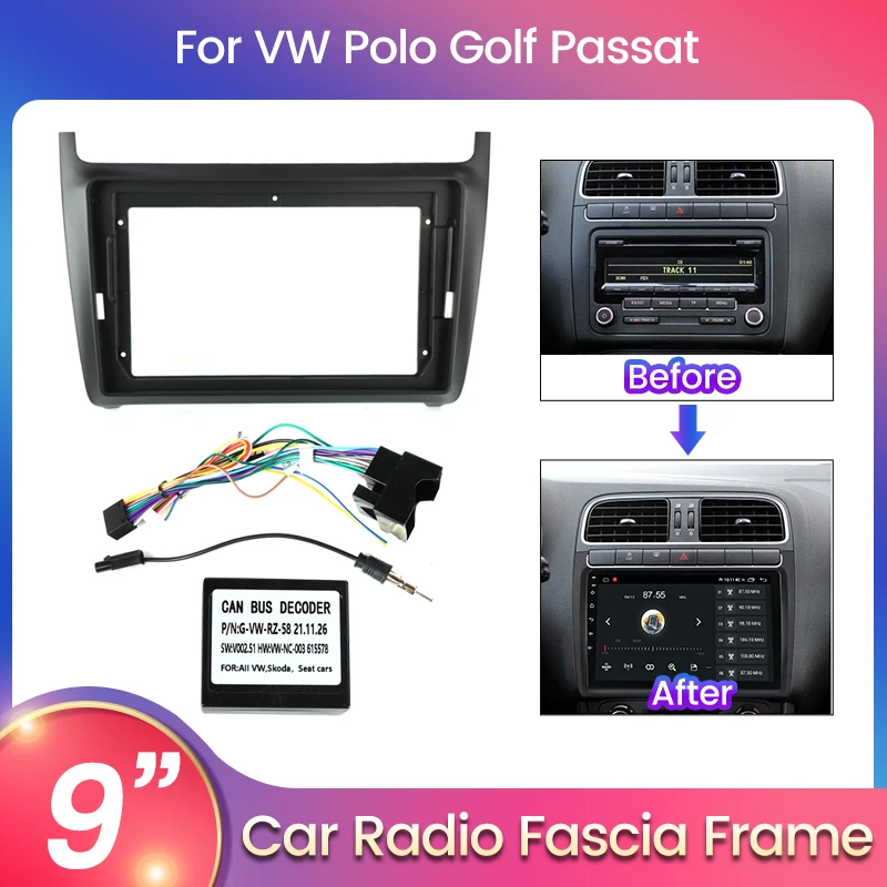 9 Zoll Auto Double Din Radio Blende für VW Polo Golf Passat Installation adapter Stromkabel Audio Innen kopf Einheit Stereo Image