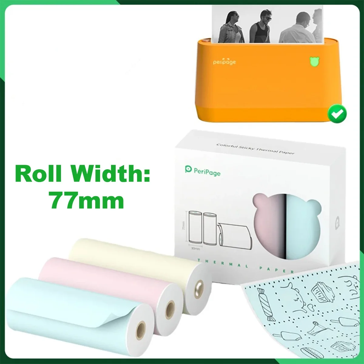 Peripage 77mm Thermo noten Aufkleber papier, 10 Jahre, selbst klebende Weiß-/Farb-/Etikettenmuster-Aufkleber rollen für a9 a9max Drucker Image