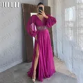 JEHETH Chiffon Abendkleider Luxus Puff Ärmeln Perlen Split A-linie V-ausschnitt Party Kleid Frau Angepasst Chiffon Abendkleider Luxus Puff Ärmel Perlen Split A Line V-Ausschnitt Party Kleid Frau